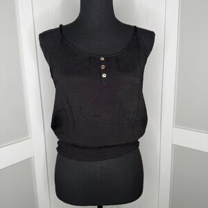 DNA Couture Tank Top Womens Large Black Adjustable Strap Smocked Hem Blouse